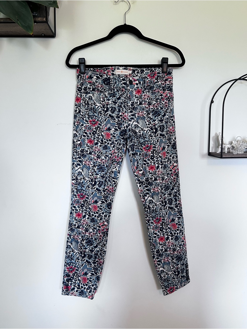 Tory Burch Emmy Ankle Skinny‎ Pants Blue Lake Kyoto Butterfly Floral Print 26